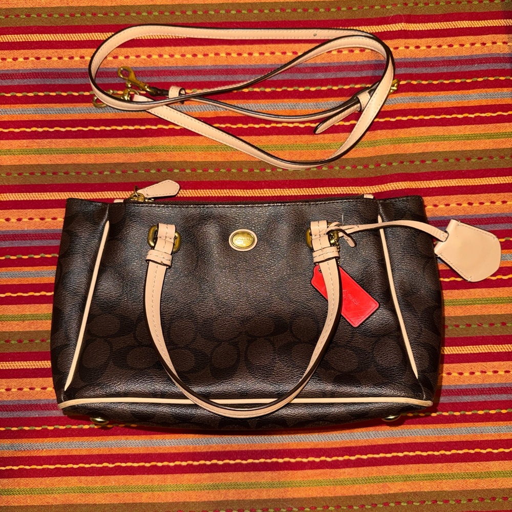 coach brown and cream tote with crossbody strap!